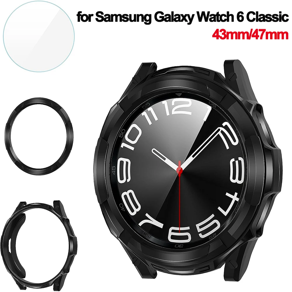 Soft TPU Case+Glass for Samsung Galaxy Watch 6 Classic 43/47mm TPU Cover Bumper +Screen Protector for Galaxy Watch 6 Classic