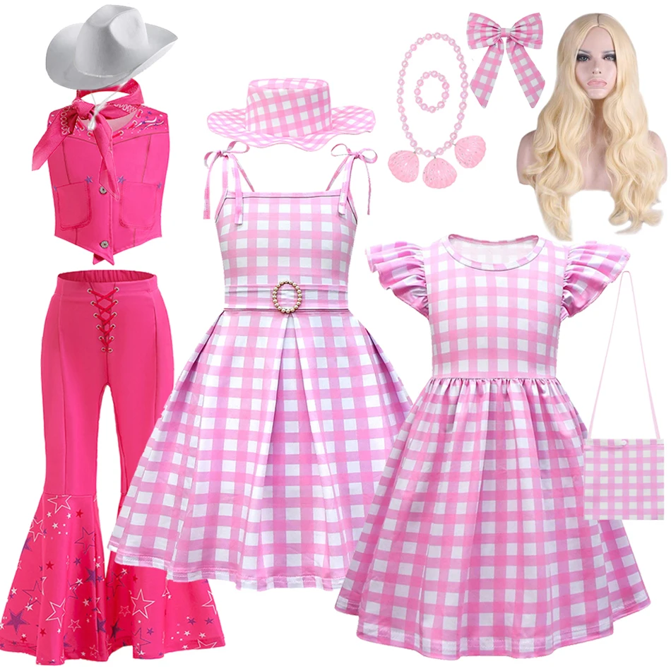 2024 Hot Movie Barbi Girls Dress Costume Cosplay Clothes Children Pink Halloween Party Carnival Kids Party Wear