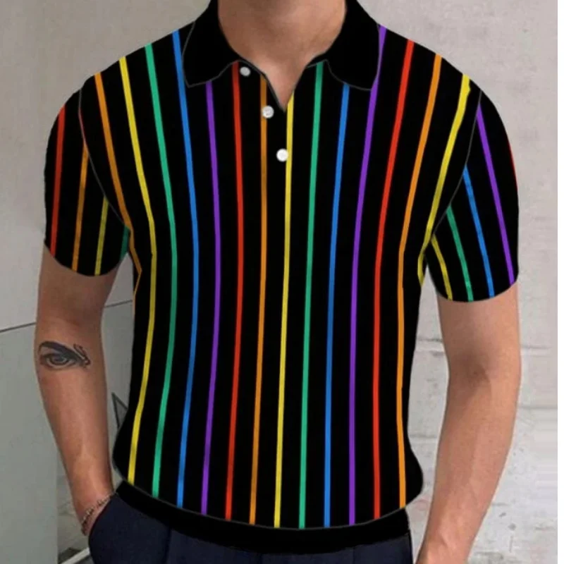 New Men'S Polo Shirt 3d Rainbow Printed Men Clothing Summer Casual Short Sleeved Loose Oversized Shirt Street Fashion Tops Tees