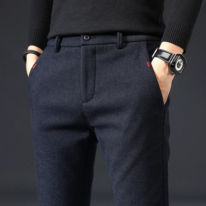 2023 New Autumn Winter Classic Work Stretch Pants Men Cotton Business Slim Fit Grey Black Korea Thick Casual Cargo Trousers Male