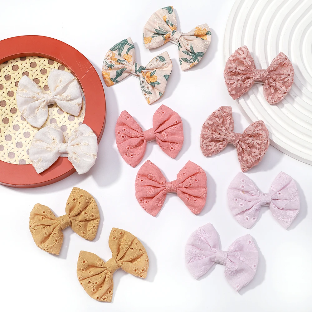 2Pcs Girls Cute Embroidery Bows Hair Clips Hairpins Handmade Cotton Barrettes Kids Headwear Baby Hair Accessories Gift Wholesale