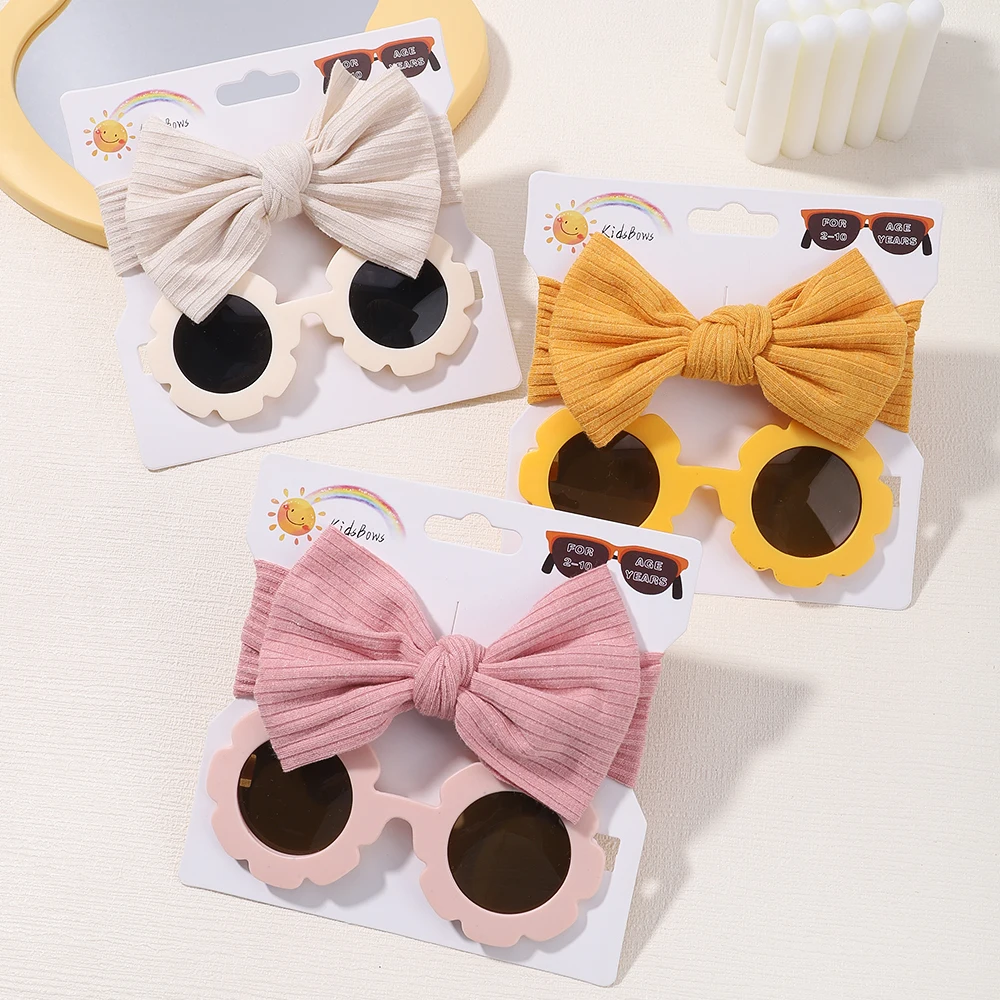 2PC Fashion Baby Hair Accessories Set  Soft Bows Headband for Newborn Girl Round Glasses Protection Glasses Babe Headwear Sets