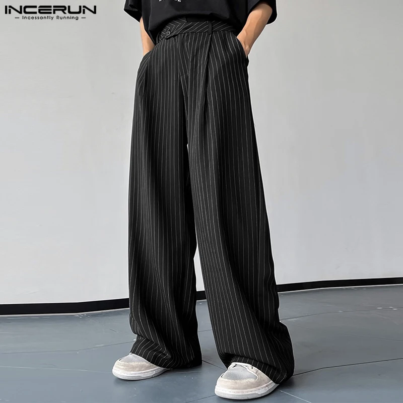 INCERUN 2023 Korean Style New Men Pantalons Fashion High Waist Stripe Long Pants Casual Streetwear Male Straight Trousers S-5XL