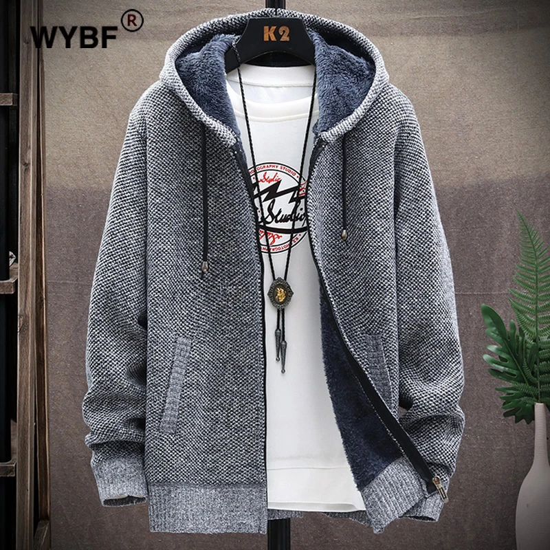 Men's Winter Knitted Sweater Print Korean Fashion Clothes Knitwears Clothing Cardigan Hood With Plush And Thickened Fleece