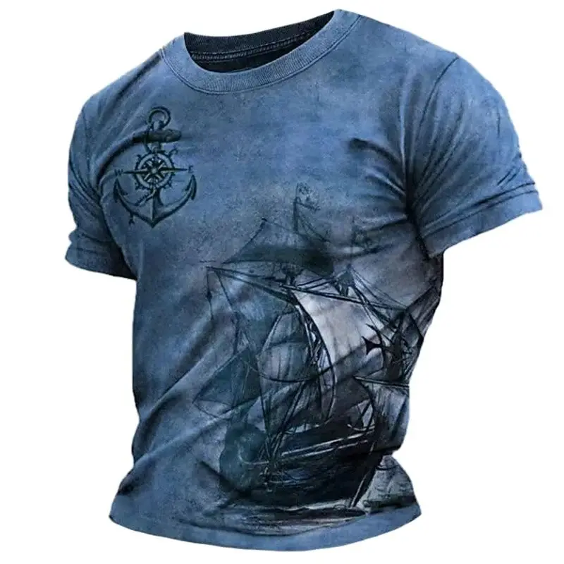 Nautical Compass Sailing Anchor 3D Printed Men's Retro Mechanical Style Crew Neck Short Sleeve Handsome T-shirt Casual Clothes