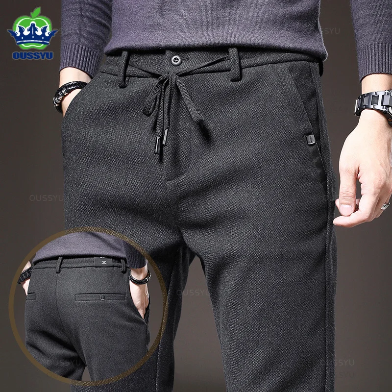 Four Seasons Brushed Fabric Casual Pants Men Business Work Drawstring Elastic Waist Slim Black Trousers Male Plus Size 38