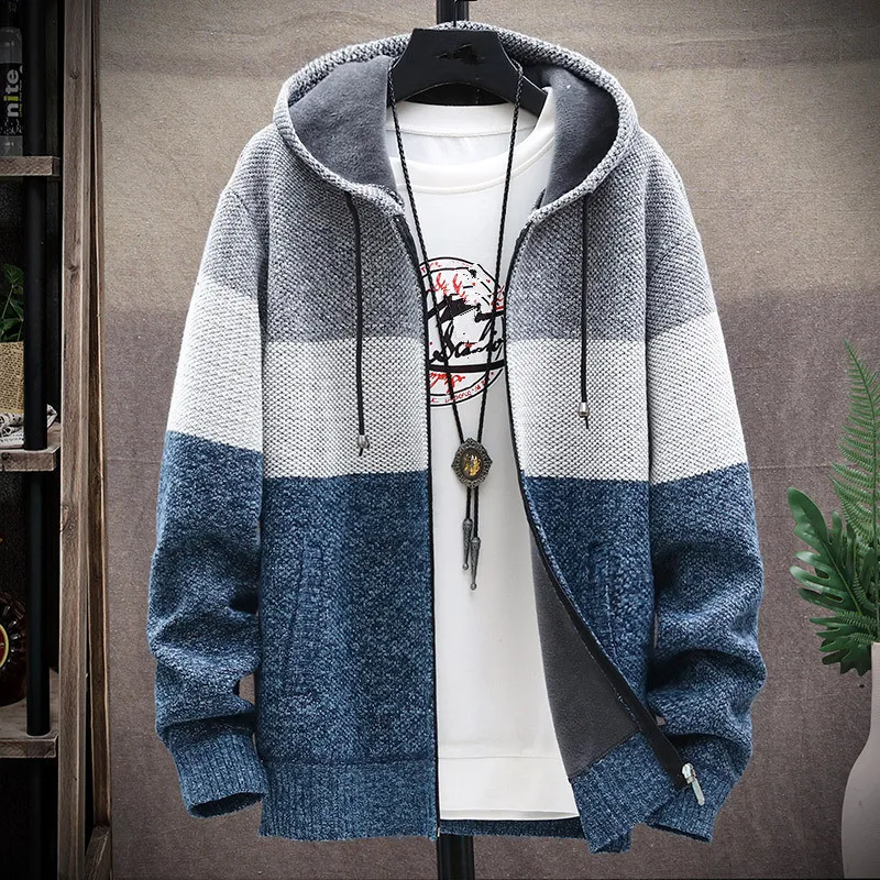 2024 Autumn Winter Fleece Hooded Sweatercoat Striped Knitted Cardigan Men Warm Casual Sweater Jackets Thick Knit Windbreaker Man