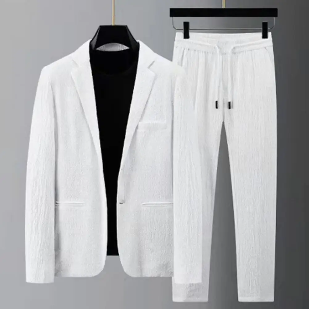 Main Striped Pleated Men Blazer Pants Set Men Set Pleated Drawstring Loose Lapel Pockets Thin Formal Business Business Two-piece Suit image