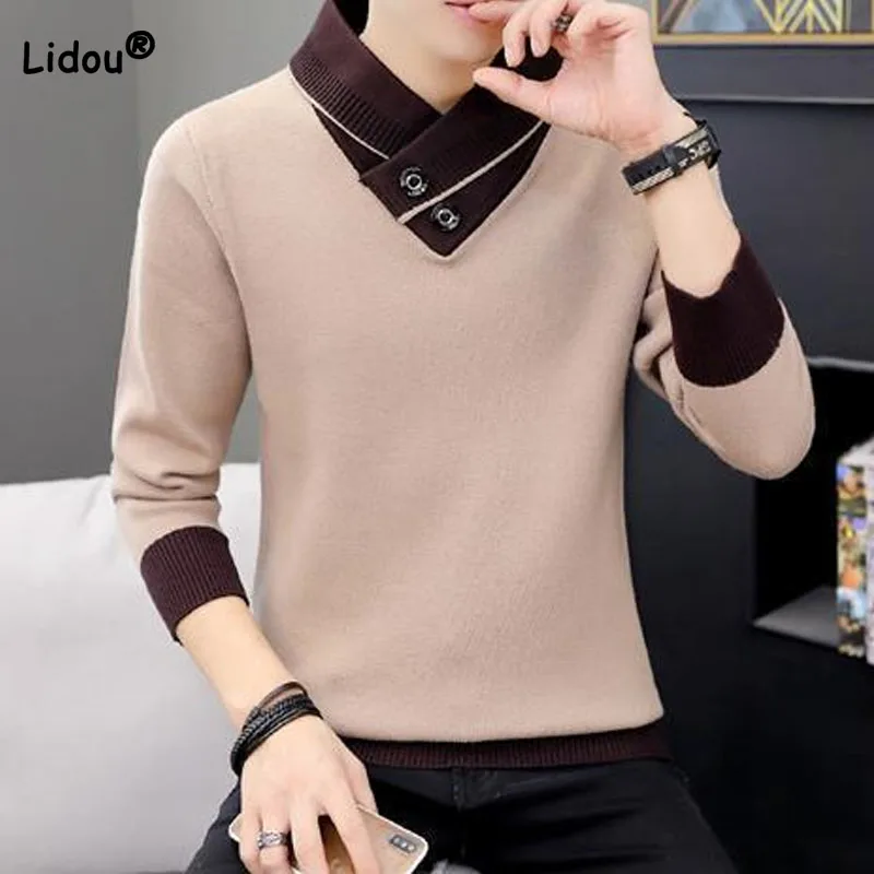 2023 Autumn Winter Men's Turtleneck Thick Long Sleeve Sweaters Korean Trend Solid Color Spliced Knitted Pullovers Male Clothes