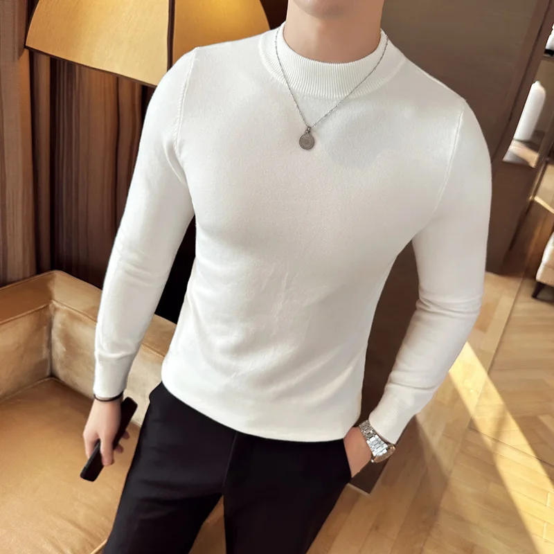 Autumn Winter Loose Casual Mock Neck Sweater Men Fashion Knitted Pullovers Men Solid Color Warm Harajuku Knitting Sweater Man