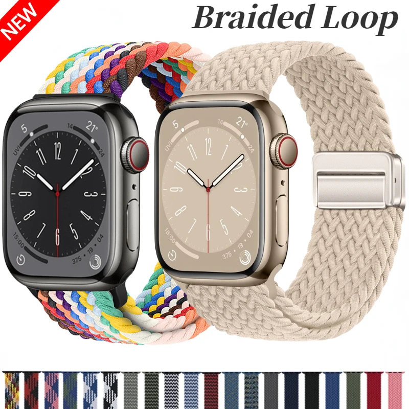 Nylon Braided Loop Strap for Apple Watch 9 8 7 45mm 41mm Ultra 2 49mm Metal Magnetic Bracelet iWatch 6 5 4 3 SE2 44mm 40mm Band