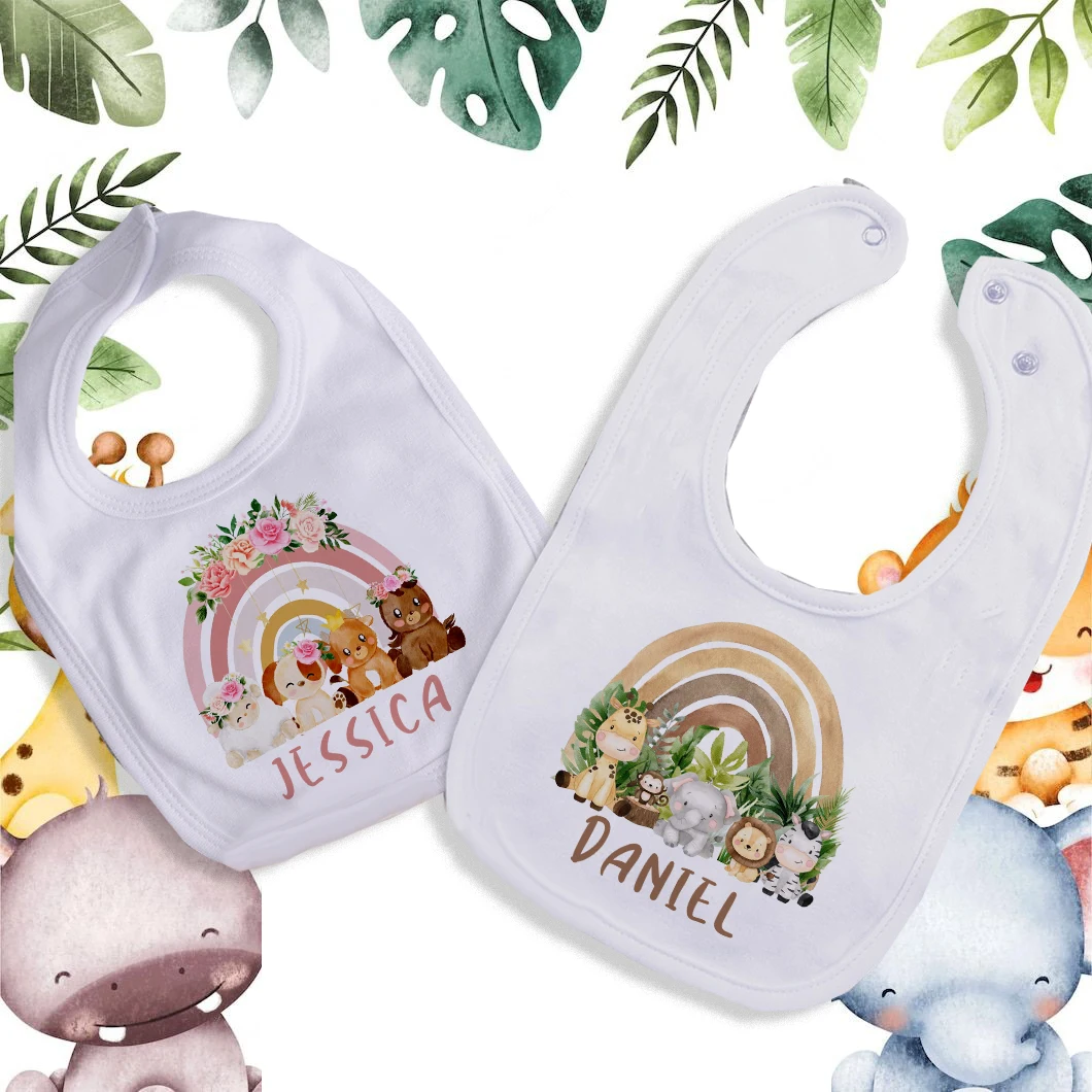 Personalised Baby Bibs Custom Animal with Name Boys Girls Cotton Bib Newborn Saliva Towel newborn wild one Infant Shower Gifts