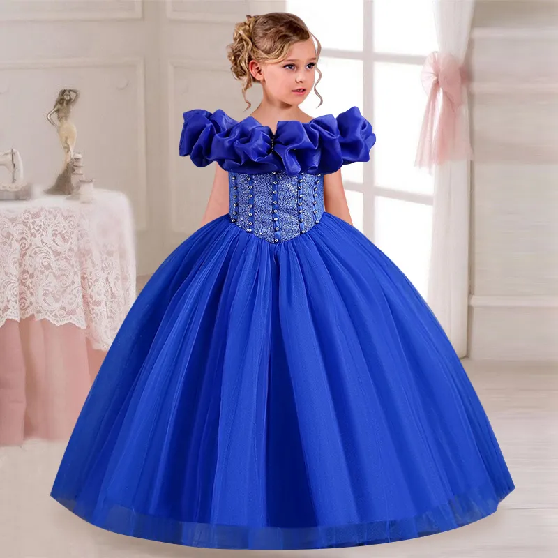 Girls' Pearl Sequin Princess Dress 4-12 Fashion Off Shoulder Bunny Dress Banquet High end Lacing Evening Dress