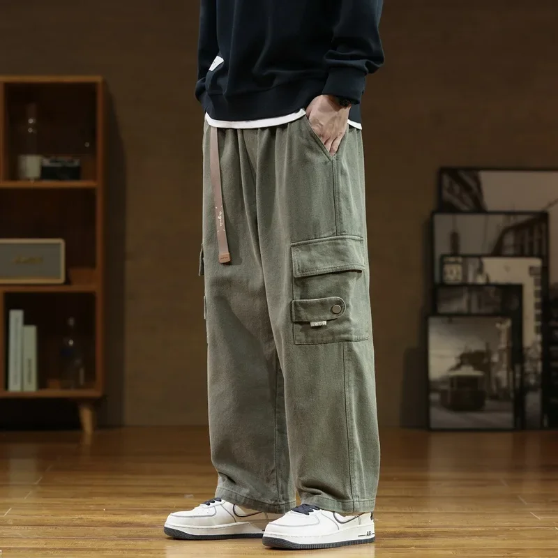 2024 New Men Cargo Pants Cotton Straight Wide Leg Oversize Pants Male Korean Style Autumn Big Size Fashion Pockets Casual Pants