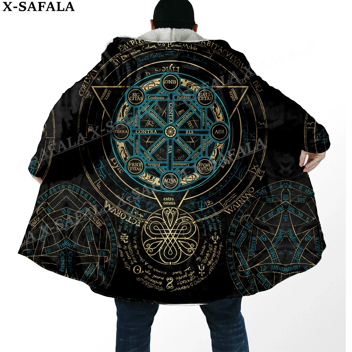 Norse Mythology Vegvisir Viking Print Thick Warm Hooded Cloak Men Overcoat Coat Windproof Fleece Cape Robe Hooded Blanket-4