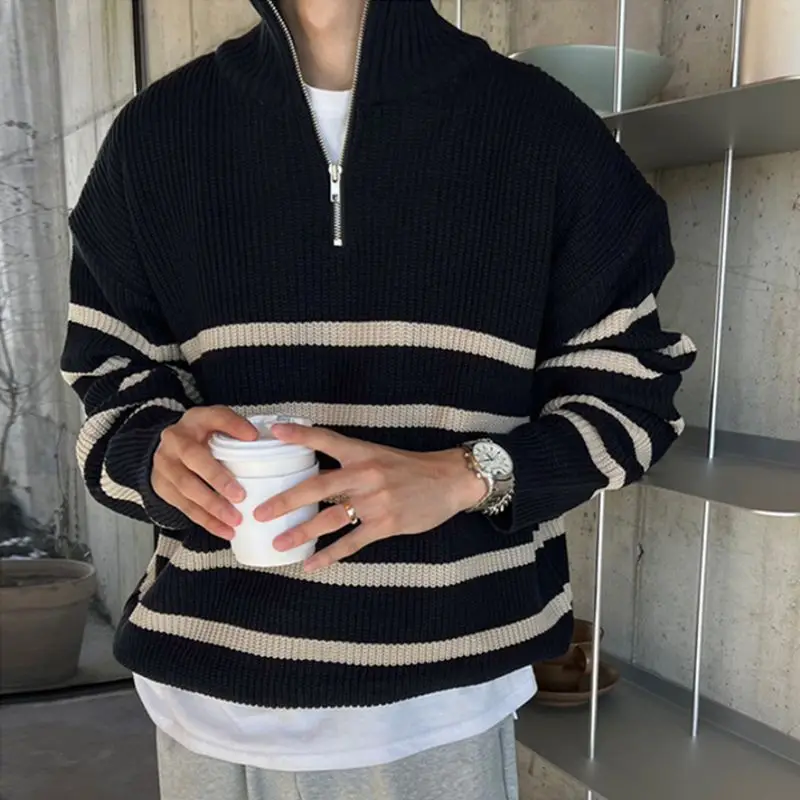 Men's Clothing Business Zip-up Knit Sweater Male Coat Zipper Striped Jacket Collared Pullovers Cheap T Shirt Korean Fashion Neck