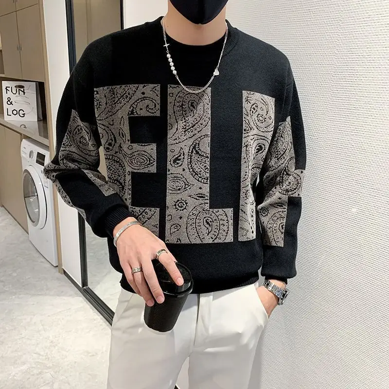 Man Clothes Letter Knitted Sweaters for Men Pullovers Black Round Collar Graphic Crewneck Fashion 2023 Korean Warm Y2k Vintage X