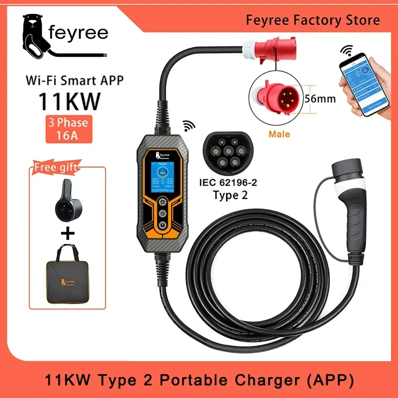 Main feyree Portable EV Charger Type2 11KW 16A 3 Phase Wi-Fi APP Bluetooth Version EVSE Charging Cable 5m CEE Plug for Electric Car image