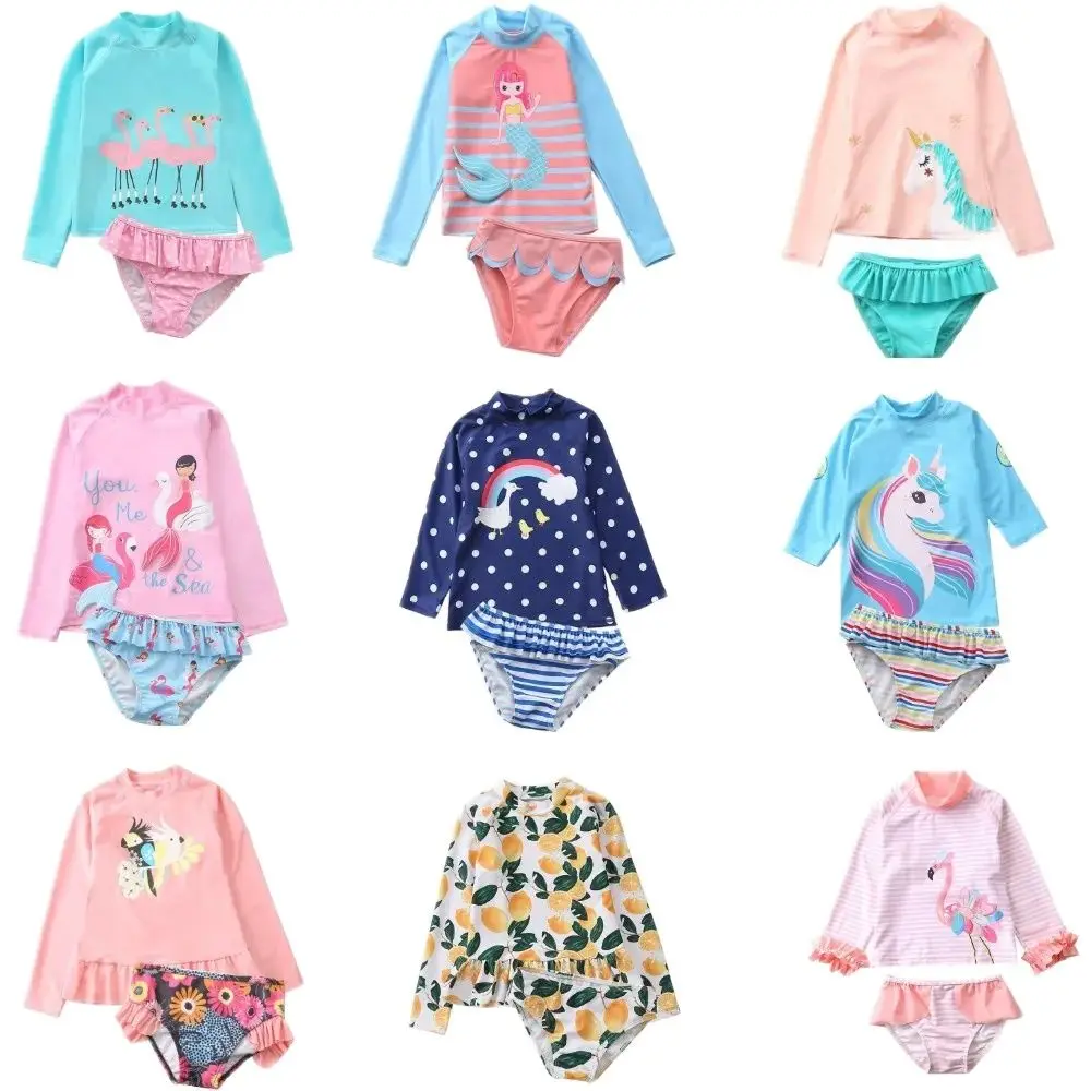 HappyFlute 2 Pieces Set Ins Style Split  Cartoon Long-sleeve Sun Protection Small Big Girl Swimsuit