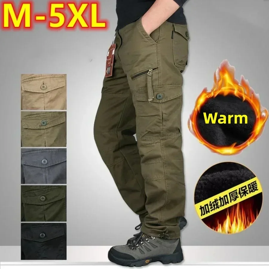 New 2024 Men's Warm Fleece Cargo Pants Solid Winter Thick Military Camouflage Tactical Cotton Long Trousers Men Casual Pants 5XL