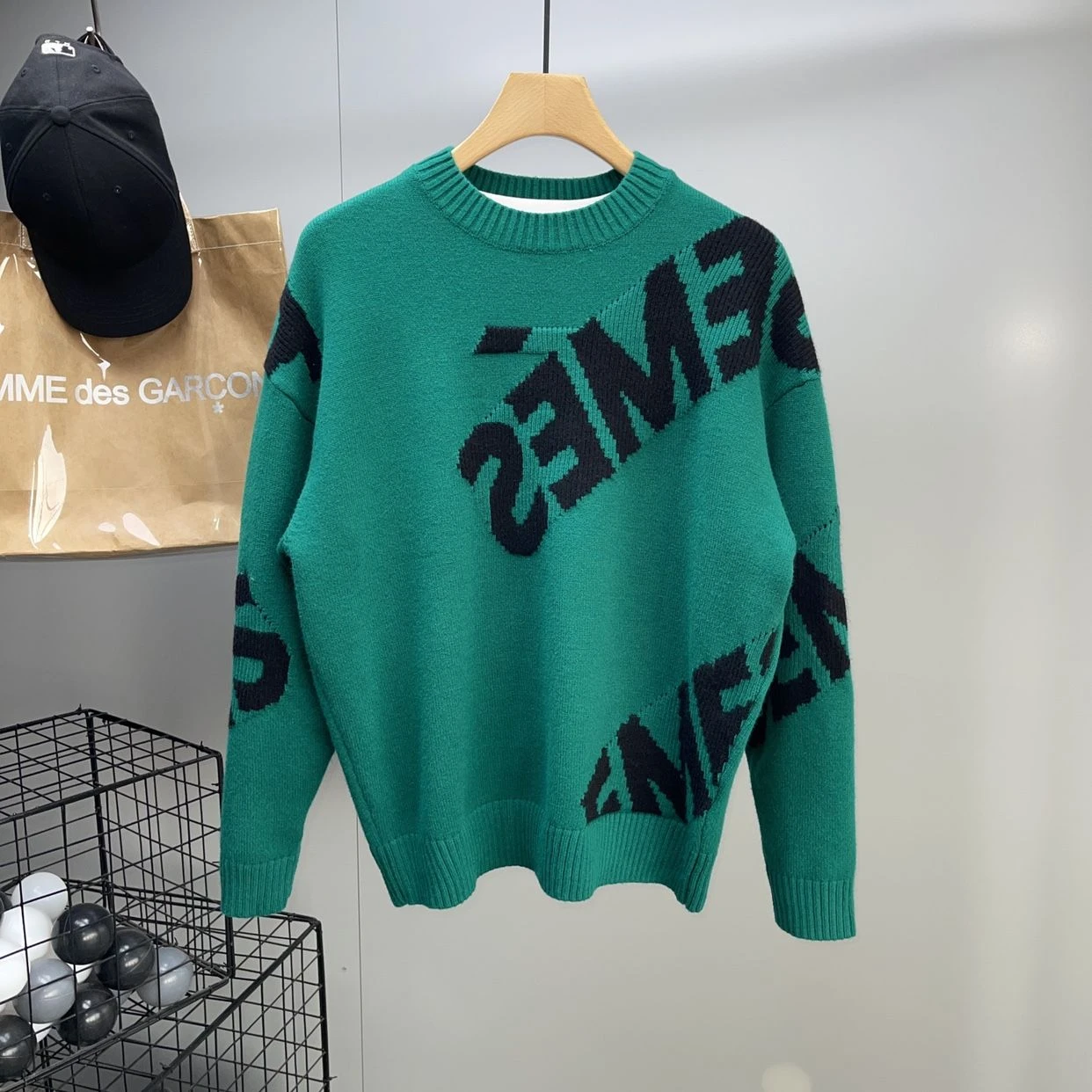 Knit Sweater Male Letter Green Men's Clothing Round Collar Pullovers Crewneck Street Korean Fashion Plus Size Tops Mode 2023 Old