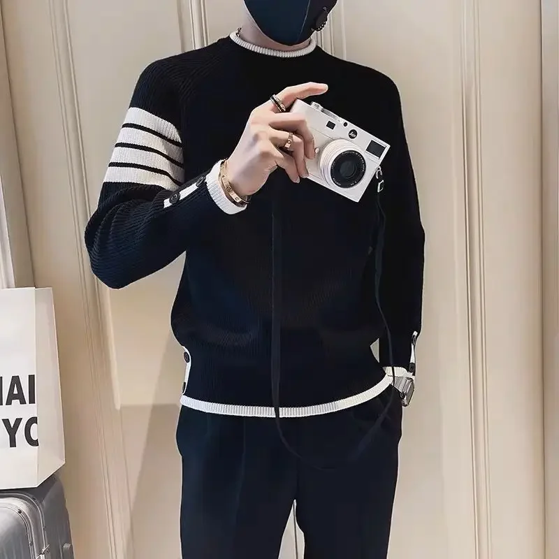 Man Clothes No Hoodie Knitted Sweaters for Men Green Striped Pullovers Casual Cotton Thick Winter 2024 Trend X Sweatshirts A Fun