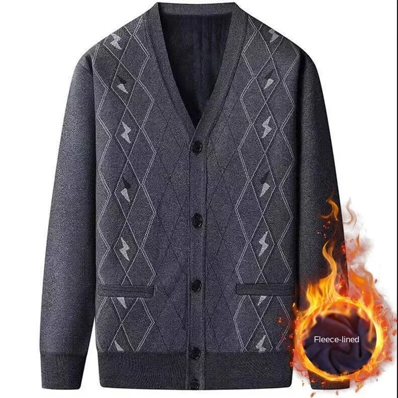 Winter Plush and Thickened Middle-aged and Elderly Men's Knitted Cardigan Sweater Jacket V-neck Dad Loose Knit Sweater