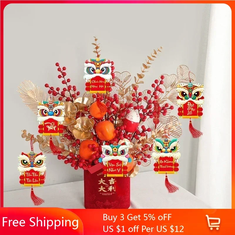 Main 6pcs/set Chinese New Year Decorations 2024 The Dragon Lunar Year Tree Decor with Red Ropes Pendant Hanging Ornaments Gifts image