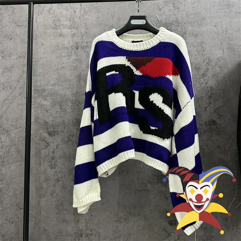 Blue Stripe RAF SIMONS RS Sweater Men Women Top Version Oversize Bat Shirt Knit Sweatshirts