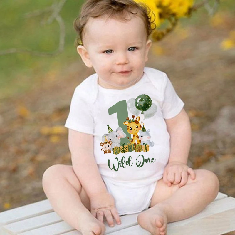 Wild One Birthday Baby Bodusuit Safari Animals Printed Romper Infant 1st Birthday Jungle Party Outfit Jumpsuit Baby Shower Gift