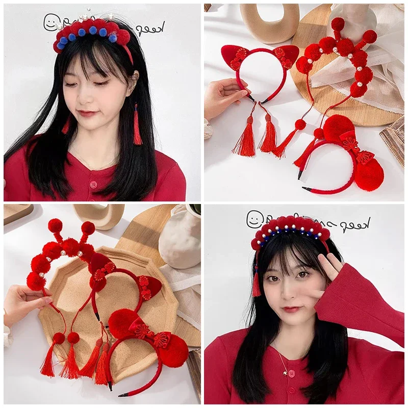 2024 Chinese New Year Hair Pin Children Red Bow Hairpin New Year Headwear Tassel Tang Suit Hair Clip Hanfu Hair Sticks Girls