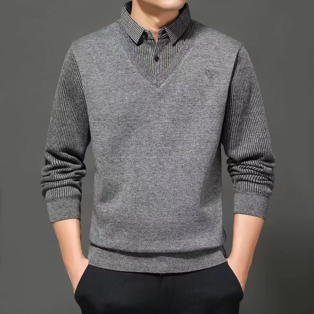 Plus Velvet Padded Men's Fake Two-piece Sweater Sweater Shirt Collar Warm Men's Bottoming Shirt Wearing  Clothing.