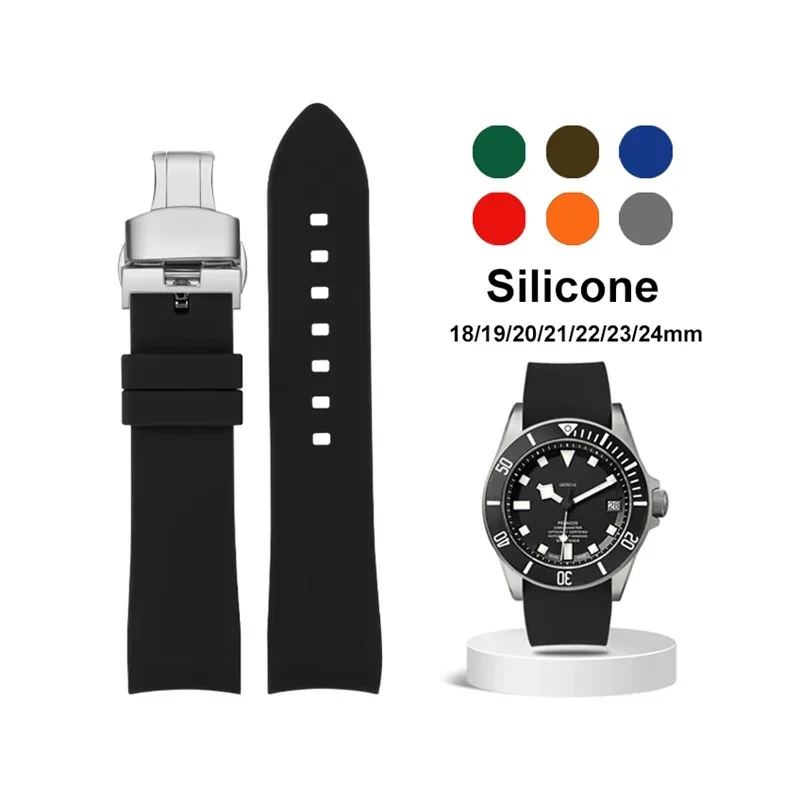 Curved End Silicone Watch Strap for Citizen Band for Seiko Bracelet for Rolex Strap with Butterfly Buckle 18 19 20 21 22 24mm