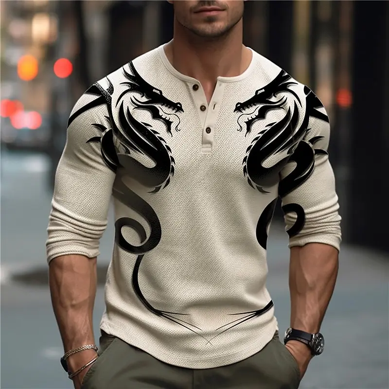 Dragon Graphic 3D Printed Henley Shirts Men's Fashion Streetwear Vintage Button-Down Long Sleeve T Shirt Man Tees Tops Clothing