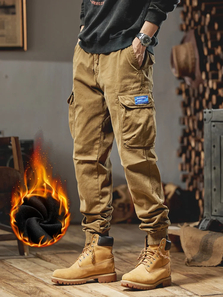 Main Winter Thick Fleece Warm Cargo Pants Men Multi-Pockets Work Wear Overalls Slim Fit Joggers Cotton Casual Thermal Trousers image