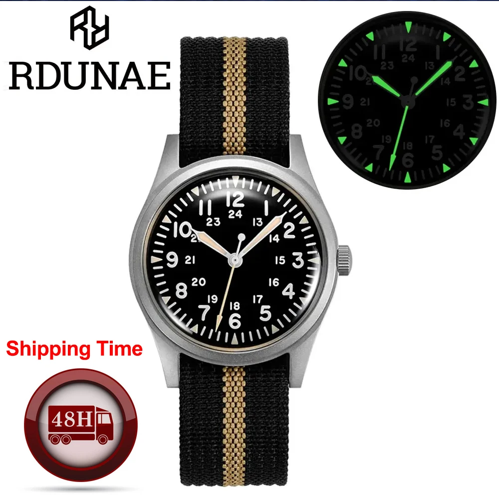 RDUNAE 34.5mm Quartz Watch For Men Retro G10 Military Miyota 2035 Movemen Watches Mineral Glass Stainless Steel Wristwatch