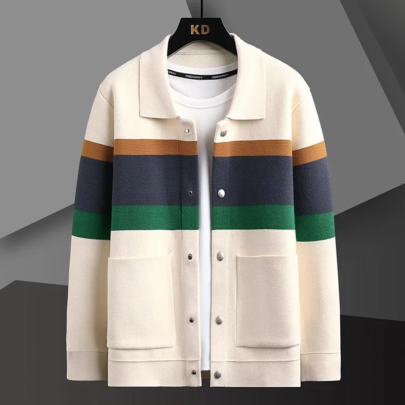 2023 Autumn Winter New Fashion Knitted Cardigan Coat Men's Matching Color Casual Loose Sweater Warm Coats Plus Size  5XL-M