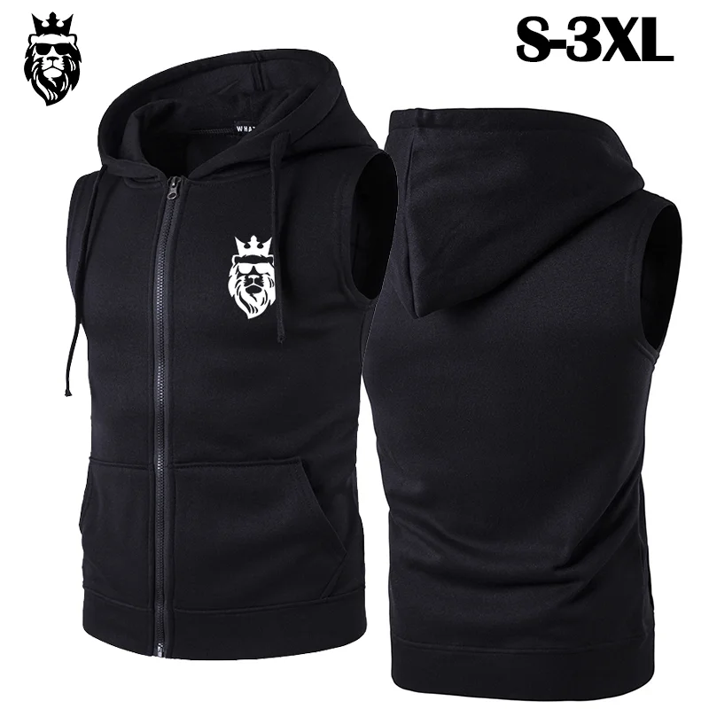 Autumn Men's Casual Hoodie Coat Sleeveless Top Lion Print Tank Top Fashion Hoodie Vest for Men Sweatshirt Coat