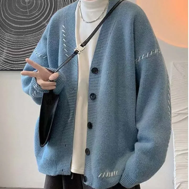 Autumn V-neck Cardigan Sweater Men Women Streetwear Loose Lazy Style Korean Vintage Knitwear Jacket Fashion Brand Mens Cardigan