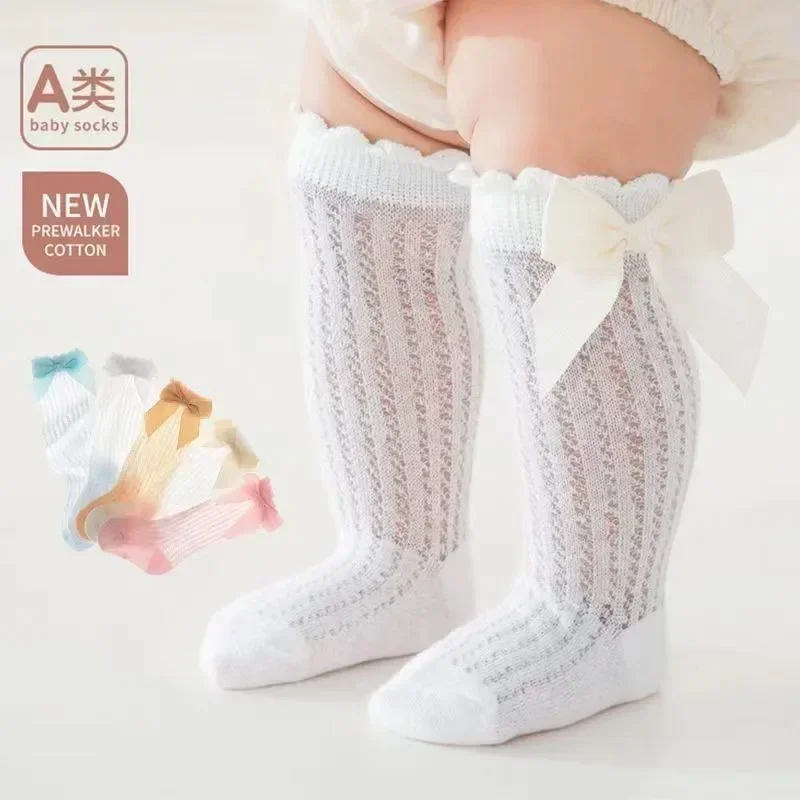 Summer Ultra-thin Mesh Socks Baby Girl Mosquito Resistant Knee Sock Cute Newborn Pink Bow Hollow Cotton Baby Clothes New Born