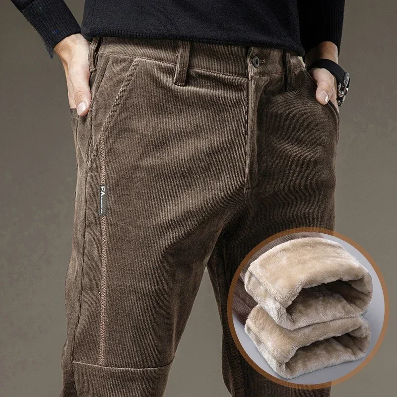 Winter Fleece Warm Corduroy Pants Men Stretch Thick Elastic Waist Fluff Pant Korean Classic Brown Trousers Male Brand Clothing