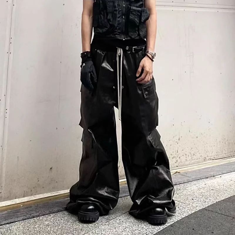 RO Style Glossy Black Pu Leather Pants for Men High Street Y2k Pantalones Hombre Baggy Overall Wide Leg Drawstring Cargos