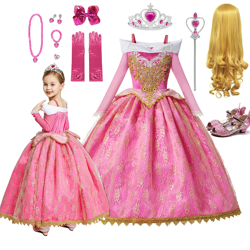 Disney Sleeping Beauty Aurora Princess Costume For Kids Girl Luxury Ball Gown Dress Birthday Party Off Shoulder Kids Clothing