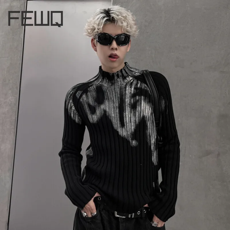 FEWQ Autumn Winter Sweater Crowd Graffiti Design Slim Fit Knitted Gradient Half High Neck Long Sleeve Male Pullover 24Z788