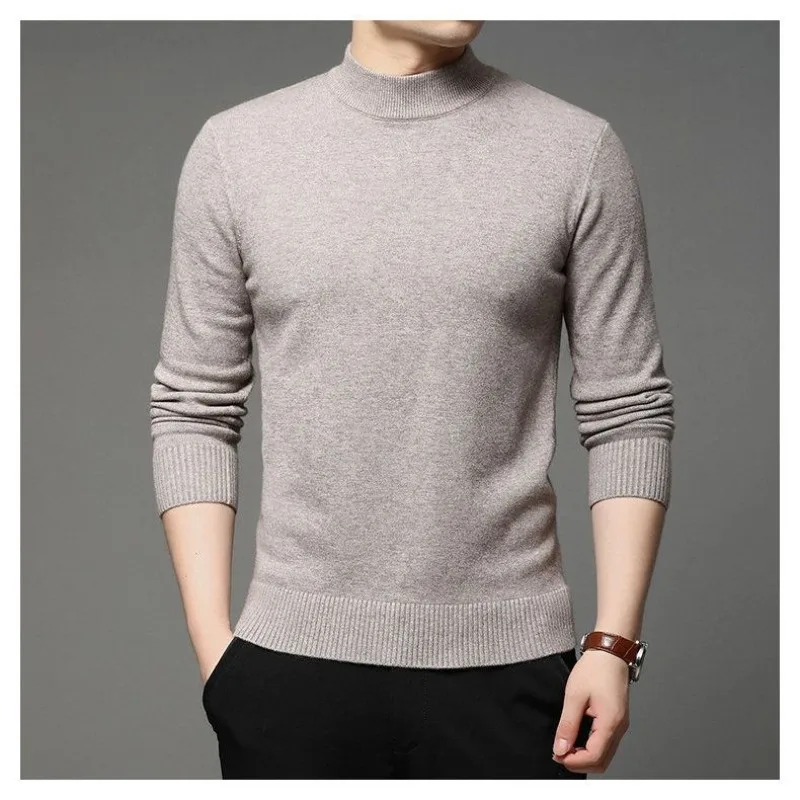 Spring and Autumn Men's Half High Neck Pullover Sweater Solid Color Casual Fashion Elegant Commuter Bright Long Sleeve Underlay