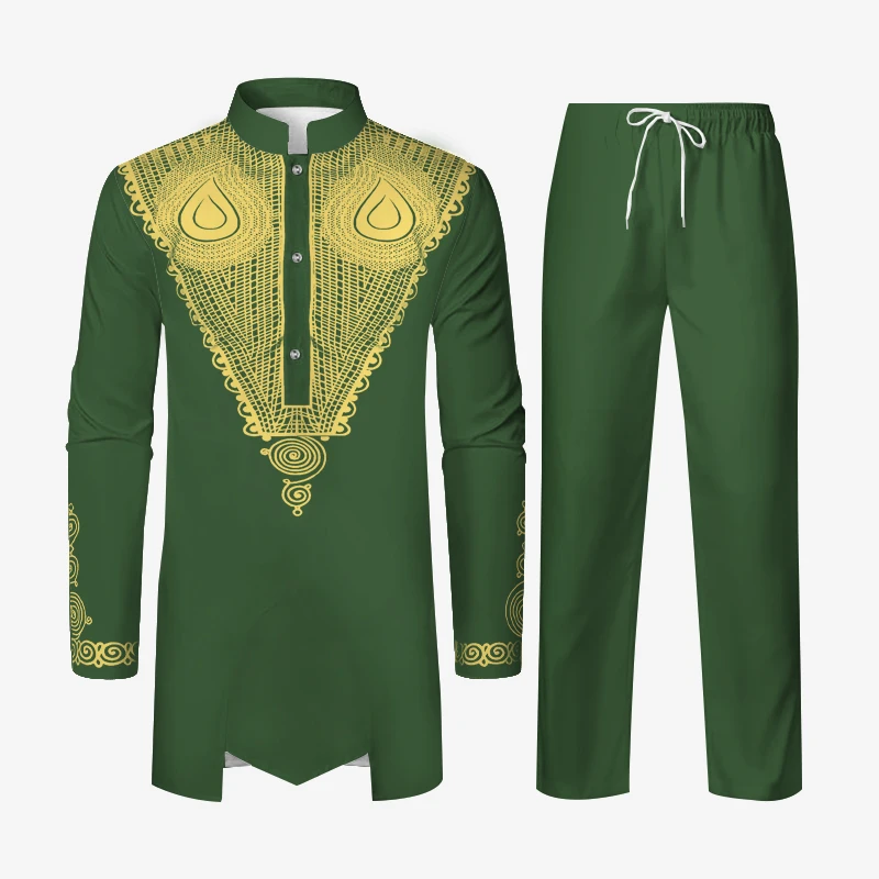 Muslim Robe Men's 2Pcs African Outfits Suits Men's African Traditional Luxury Pattern Long Sleeve Dashiki Shirt & Pant Set