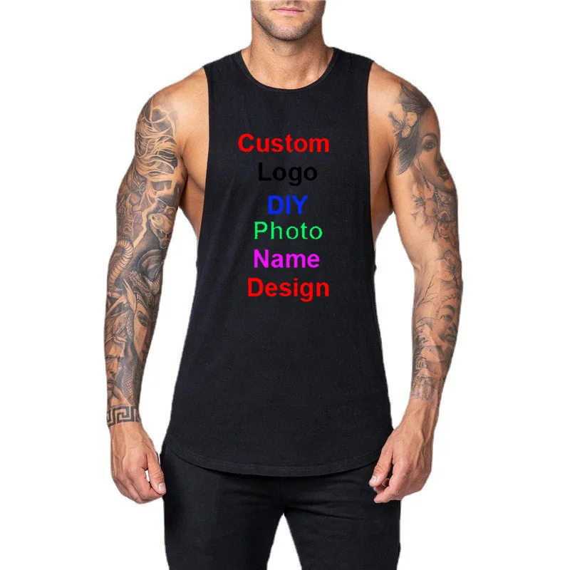 DIY Customized Logo Brand Gym Tank Top Men Cotton Muscle Sleeveless Shirt Workout Clothing Bodybuilding Singlets Vest Sportswear