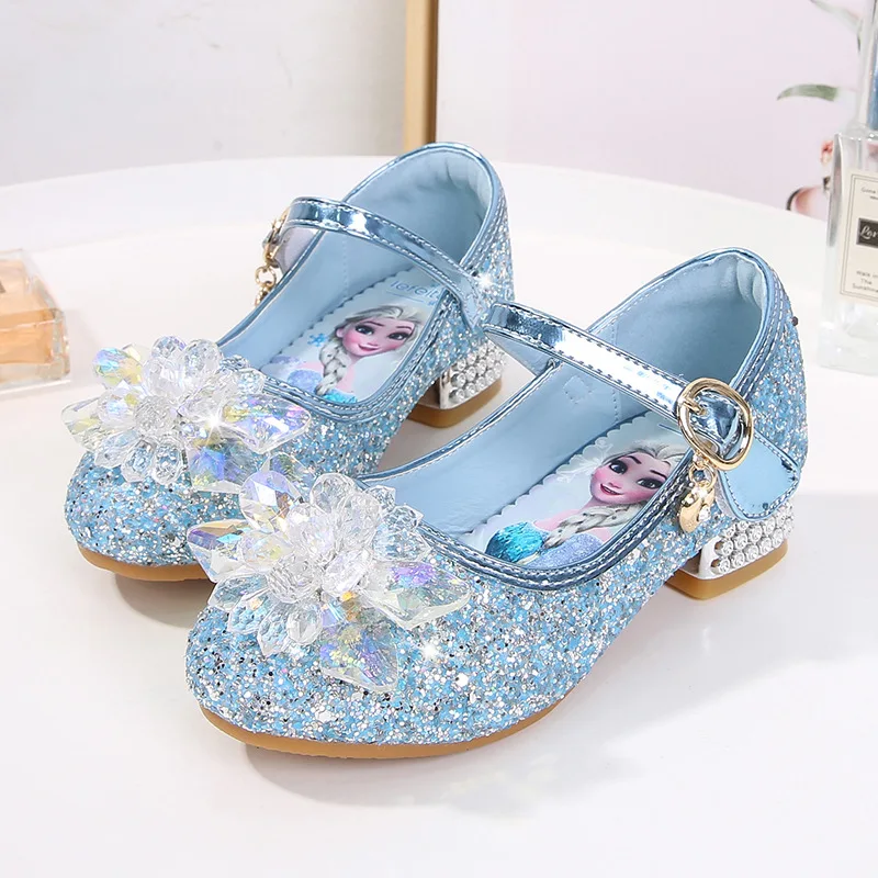 Elsa Girls High Heels Shoes New Little Girl Crystal Leather Shoes Children's Princess Shoes Large Children's Walking Party Show