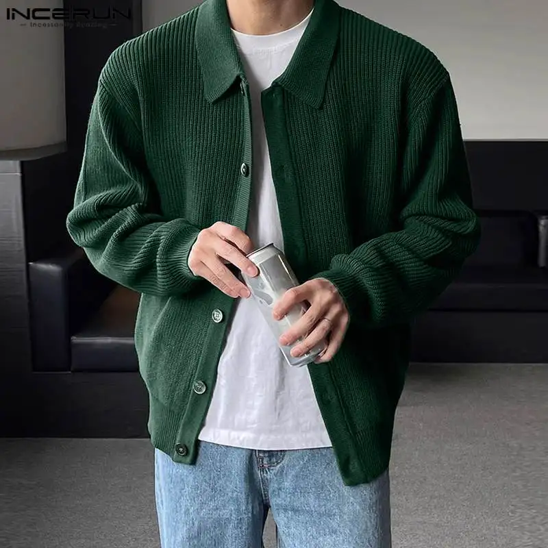 2023 Men Sweaters Solid Color Knitted Lapel Long Sleeve Button Casual Male Cardigan Streetwear Korean Outerwear INCERUN S-5XL