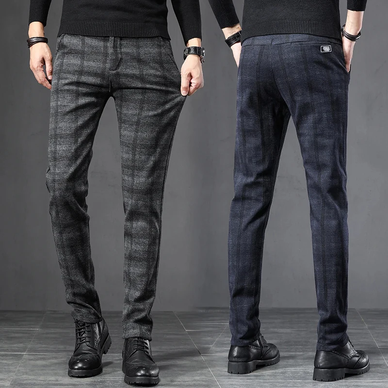 Autumn Men's Brushed Plaid Casual Pants Fashion Korean Elastic Cotton Slim Straight Work Trousers Brand Clothes Black Gray Blue